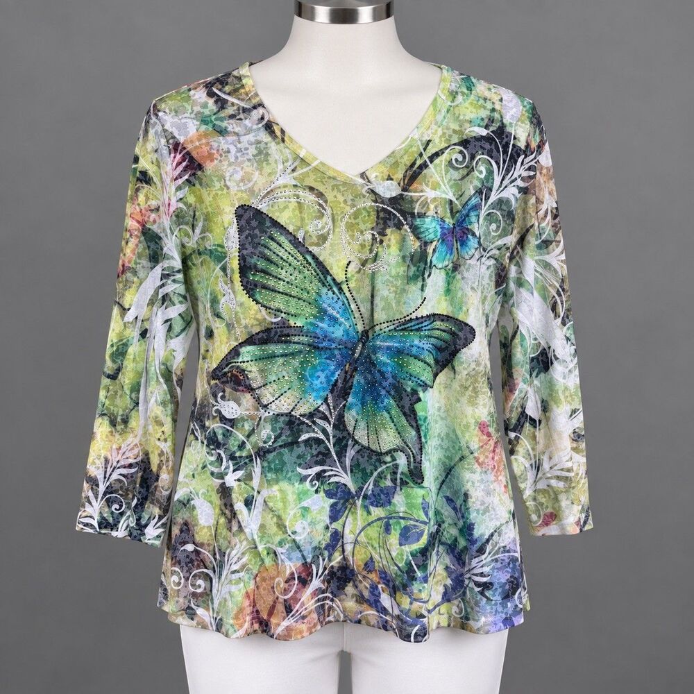 Jess & Jane Green Burnout Butterfly Graphic Top Rhinestone Accents 3/4 Sleeve XL